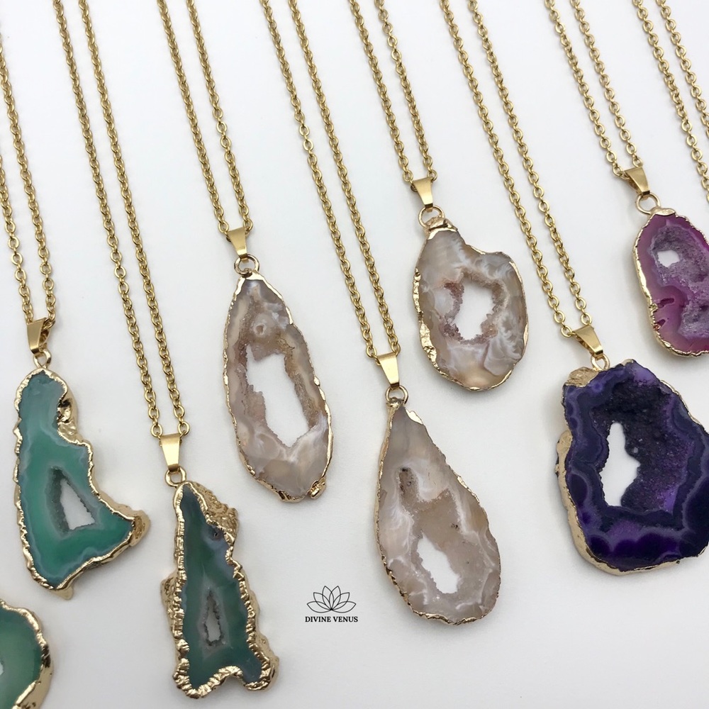 Druzy Agate Necklace | Stainless Steel Chain - Picture 5 of 10